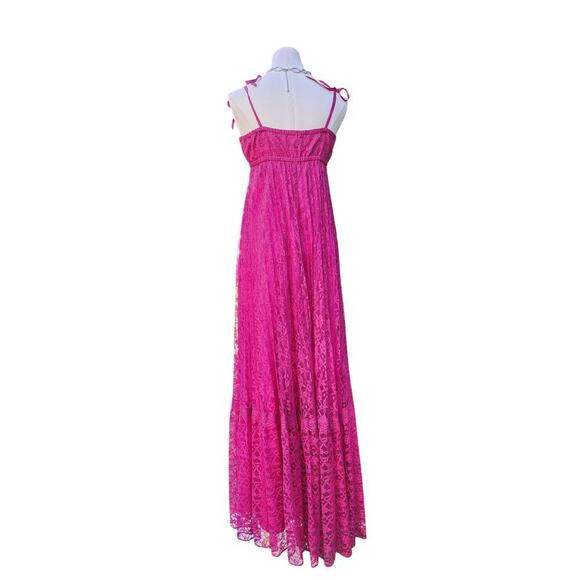 Vtg 60s 70s Union Made Barbie Hot Pink Empire Waist Lace Strappy Maxi Dress Sz S - Picture 4 of 8